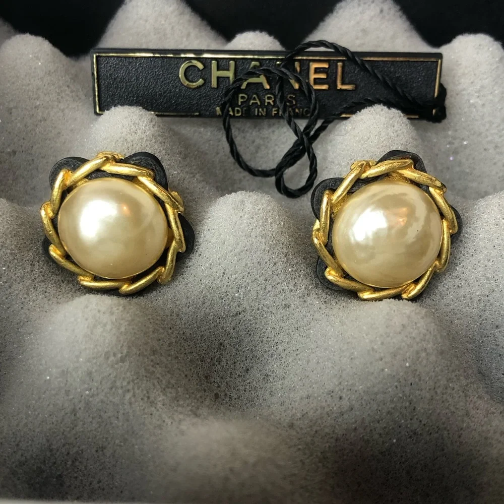 CHANEL Gold and Black Leather Wrapped Pearl Statement Earrings w/ Box